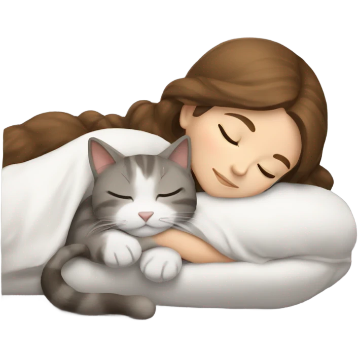 sleeping girl brown hair laying next to a white and gray cat emoji