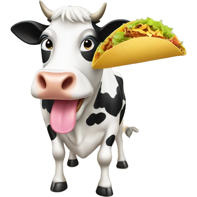 A cow on the beach eating a taco emoji