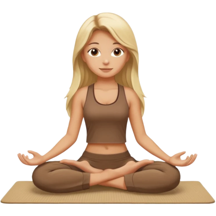 Blonde long hair girl sitting on a beige rug doing yoga, brown clothes emoji