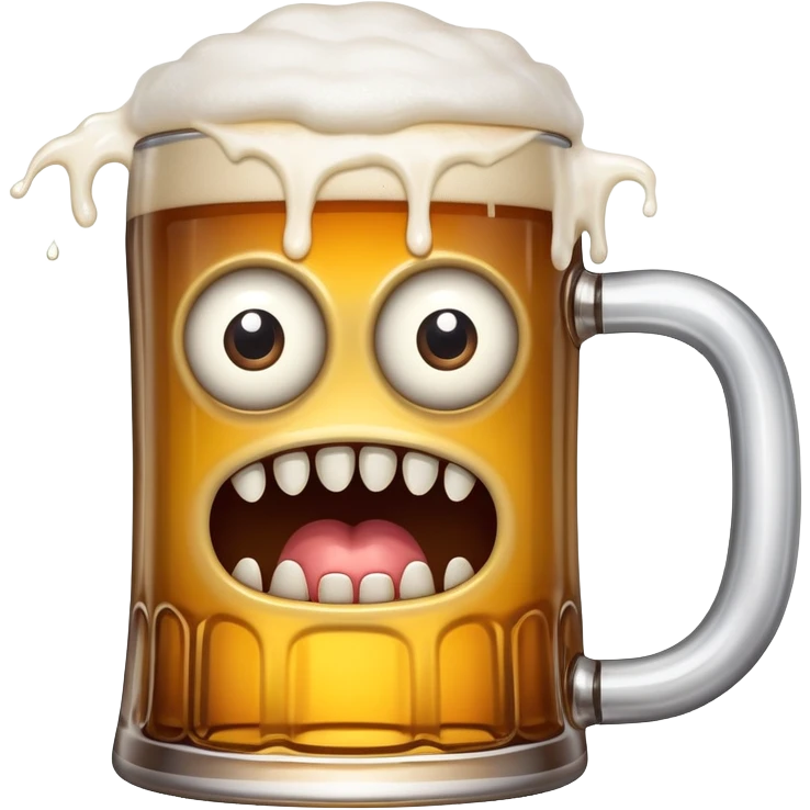 A wobbly beer tankard with eyes and teeth like a mimic monster, overflowing with beer emoji