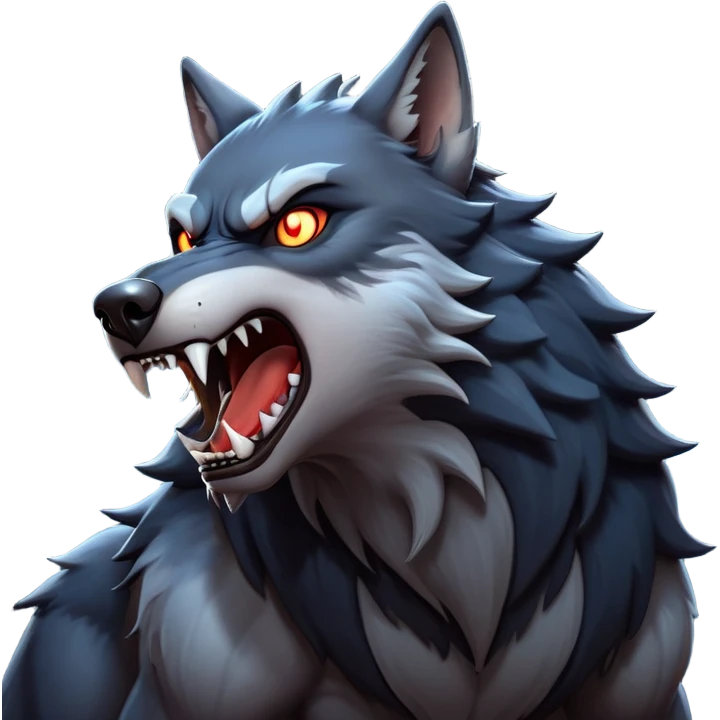 cinematic-noble-fierce-werewolf-howling-portrait-emoji, poised-and-imposing, with a fierce wolfish face tilted upwards in a haunting howl, glowing eyes full of primal ferocity, sharp, and a rugged snout, fur rippling in shades of midnight black and silver, muscles tensed as the powerful howl echoes beneath the moonlit sky; rendered with realism, capturing the raw, untamed power of the beast in its wild, primal state emoji