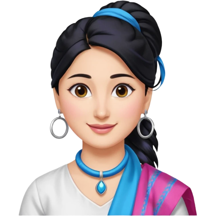 generate a pretty bratz emoji that looks like Kareena Kapoor's Geet character. 
Make her wear a white shirt with a colorful blue-pink dupatta wrapped around her neck. smiling big. Black hair tied into a side part ponytail, silver hoops

She should look exactly  like Kareena Kapoor emoji