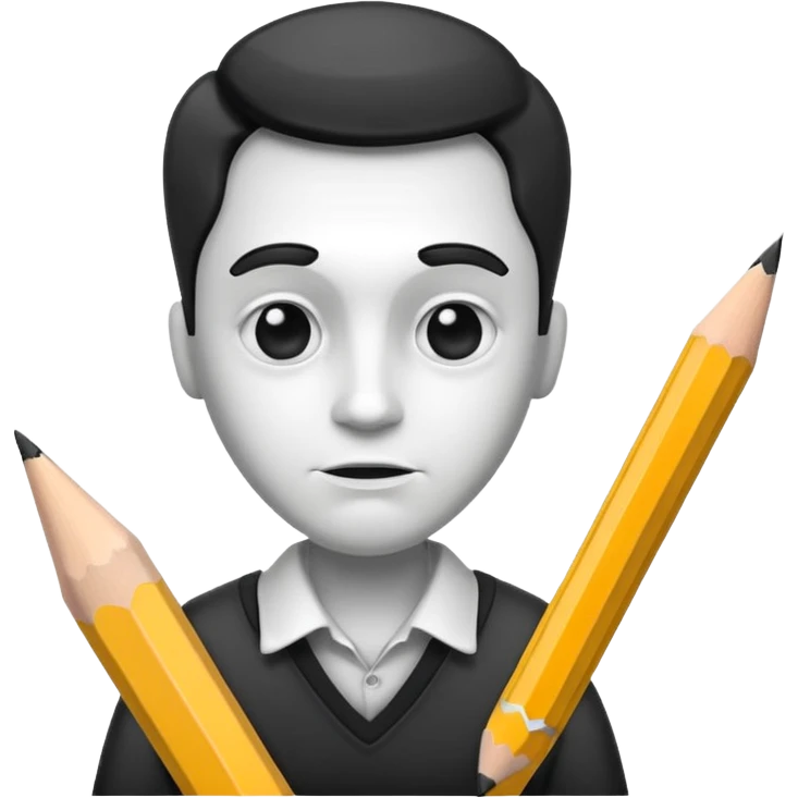 Create an icon representing the process of creating a black-and-white caricature. Include a pencil, a sketchpad with a humorous, exaggerated figure, and inking tools. Use bold lines and shading, with a transparent background. emoji
