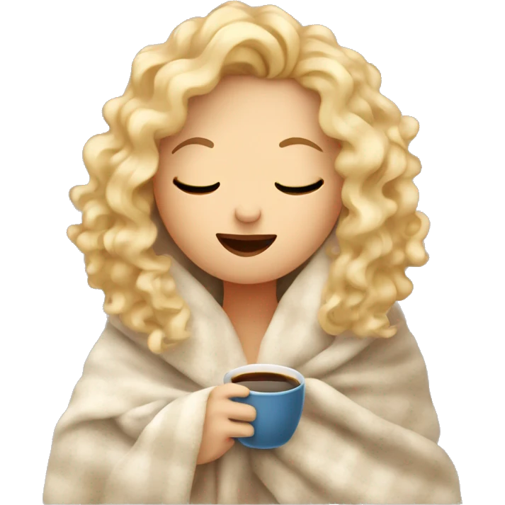 Blonde  hair curly girl inside a blanket sipping coffee eyes closed emoji
