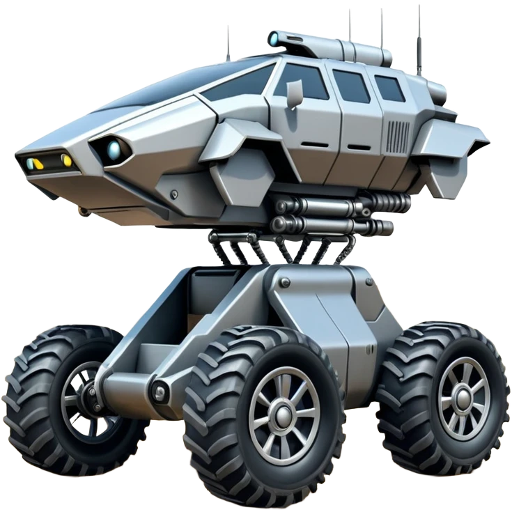 Futuristic jumping four-legged armored canine sporty self-balancing massive trail assault vehicle motor-in-wheel side-hill leaning actively robotically articulating hydraulic independent suspended pod gimbal defender antique off-road racing rover with large fast engine basher crawler megatron  emoji