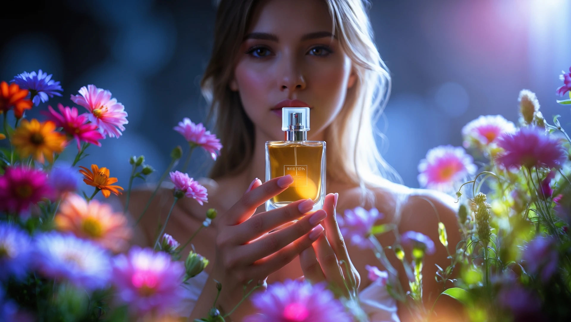 Motion blur Extreme Closeup photo of a beautifull woman holding perfume around beautifull colorfull flowers, cinematic light, 8K, very detailed, sharp, depth (foreground, midground, background) emoji