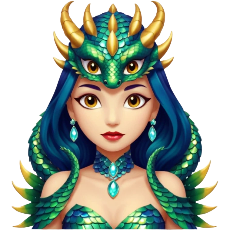 A gorgeous dragon woman with glittering jeweled scales covering her body and face. She has large almond shaped eyes, lush lips, and she wears a stunning luminescent gown. emoji