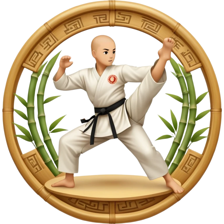 An icon symbolizing Eastern martial arts in the style of an emblem. The design features a martial artist performing a graceful kick or strike, surrounded by traditional elements like a dojo, bamboo, and ancient scrolls. The background reflects a serene, disciplined atmosphere. emoji