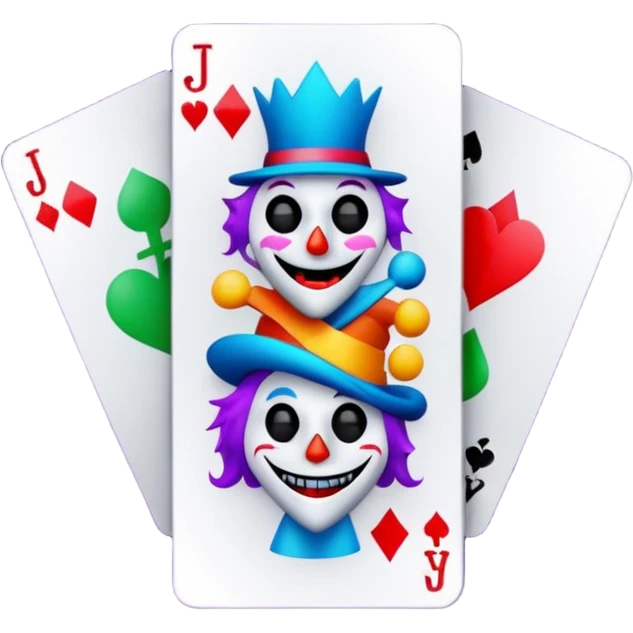 bunch of 3 poker cards, with crazy colorful jolly jokers inside, inversed face emoji