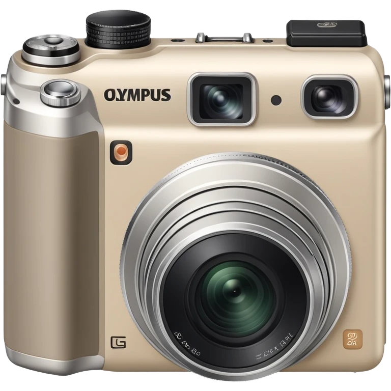 Hyper-simplified Olympus Superzoom 70G camera, grayish-beige color, flat design with only the most essential single feature indicated emoji