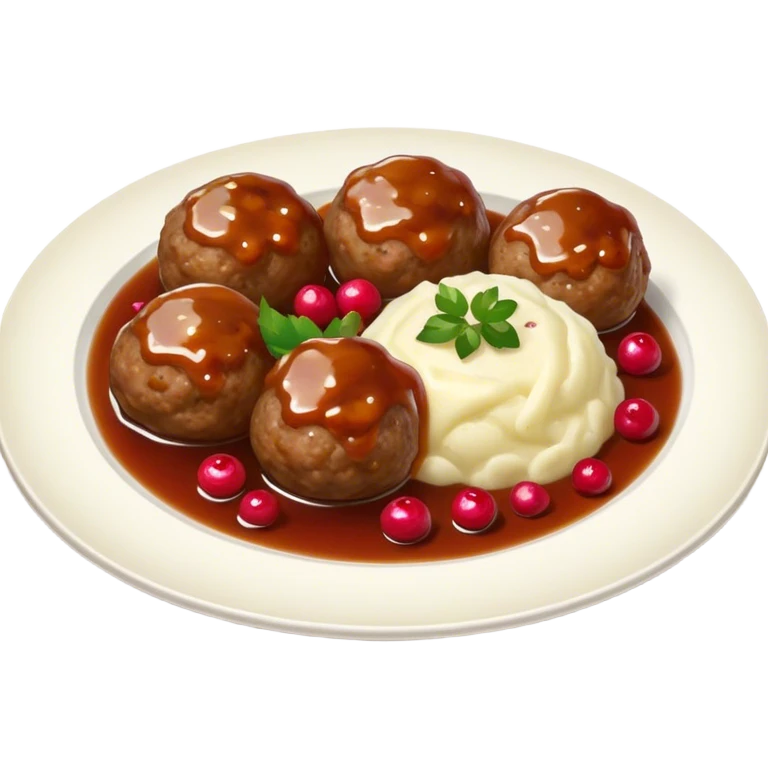 Meatballs with mashed potatoes, pickled cucumber, lingonberries and gravy emoji