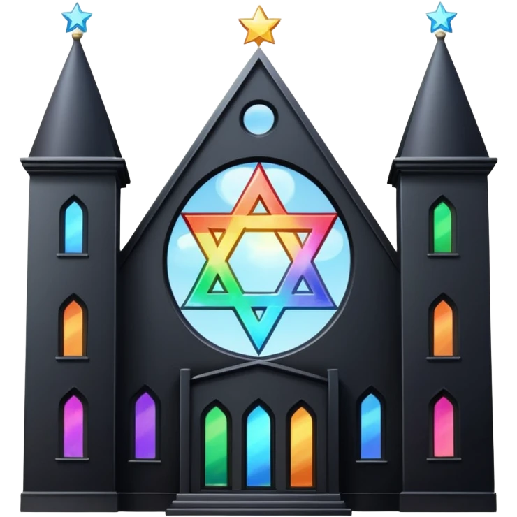 jewish synagogue temple in dark goth aesthetic style with black building and very light rainbow tint glass windows and star of david and celestial symbolism emoji