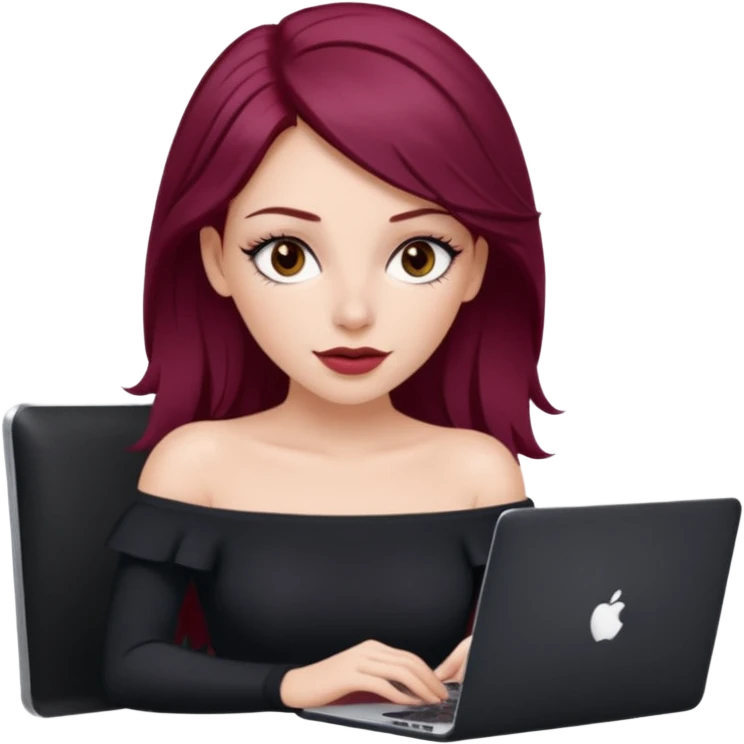 white girl, long blow-out style with middle part, burgundy hair, brown eyes, long eyelashes, full lips, off the shoulder black fitted top, laptop in front  emoji