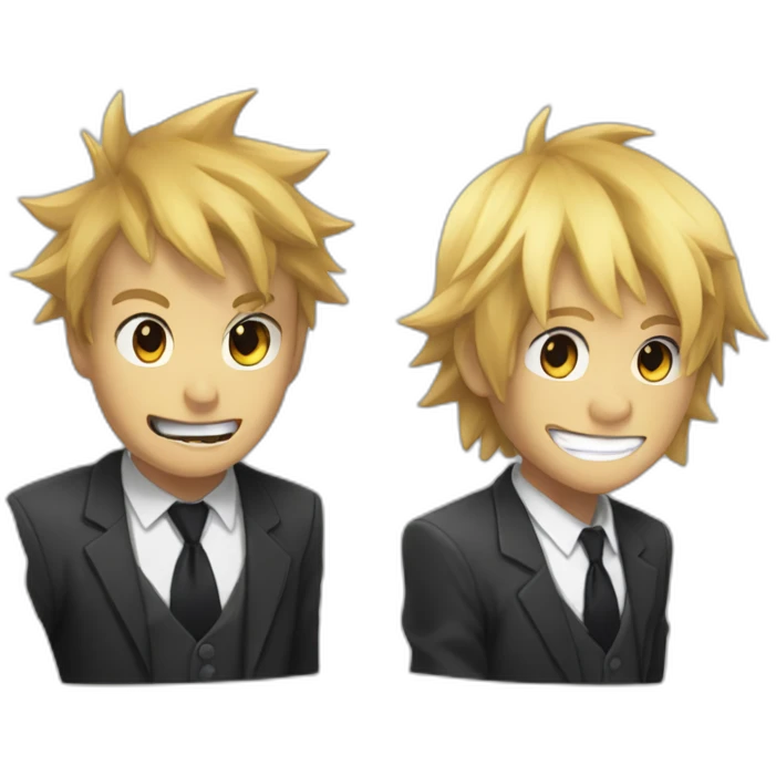 Denji with his blond hair in a shaggy style, brown eyes, with his shark teeth, is smiling evil and with a shirt with a black tie and without a suit from chainsawman emoji