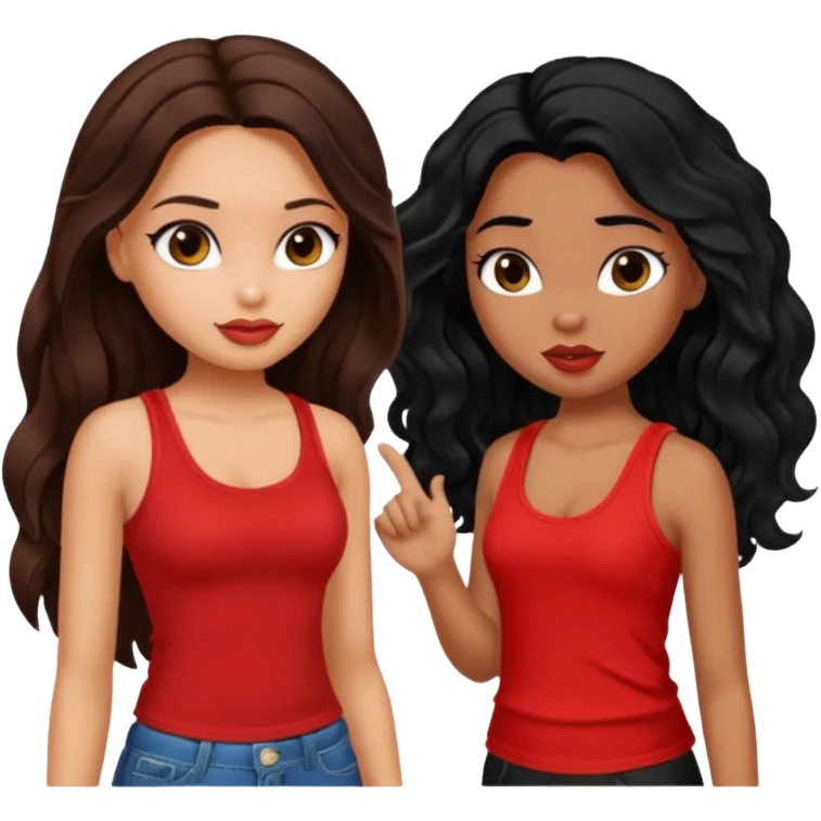 generate a pretty tan bratz girl with brown wavy hair long wearing a red tank top. talking to a girl with black hair wearing black emoji