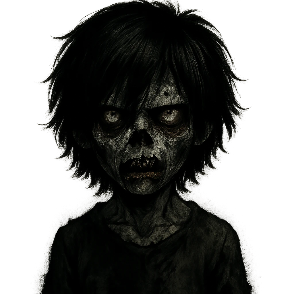 boy zombie with black medium-long emo shaggy hair, dark and spooky, creepy expression emoji