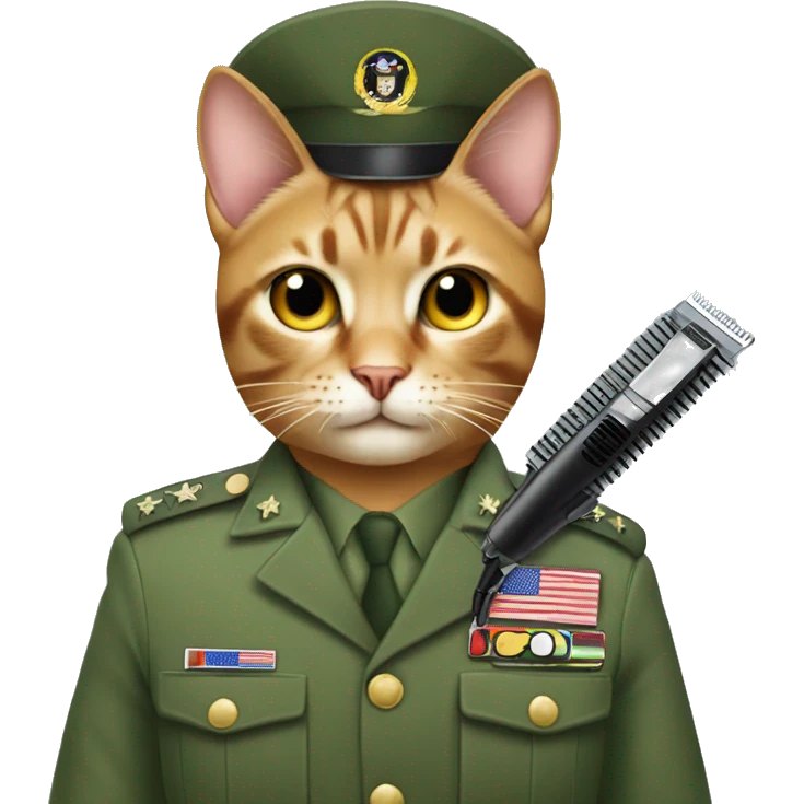 cat in military unifrom cutting client hair with clippers emoji