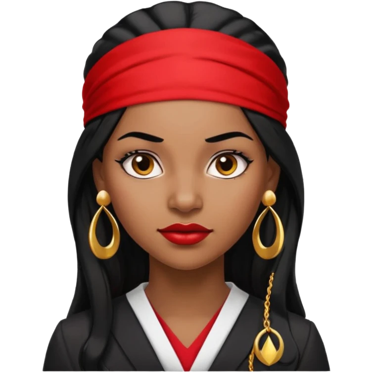 Black woman, 30 years old, lawyer, long black hair, red headband, strong and sharp expression, small round earrings emoji