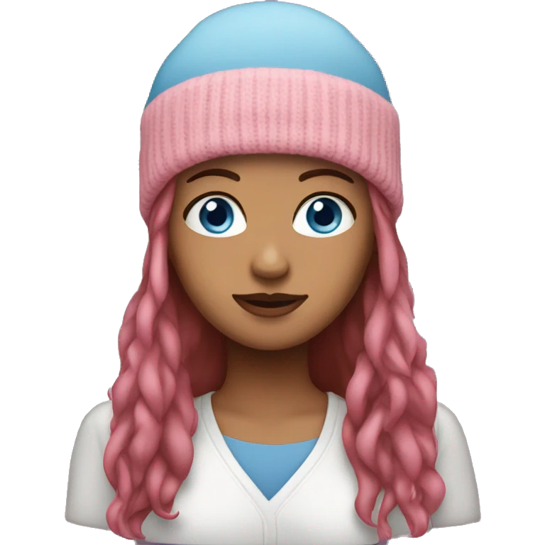 woman with blue eyes, long brown hair, and pink beanie emoji
