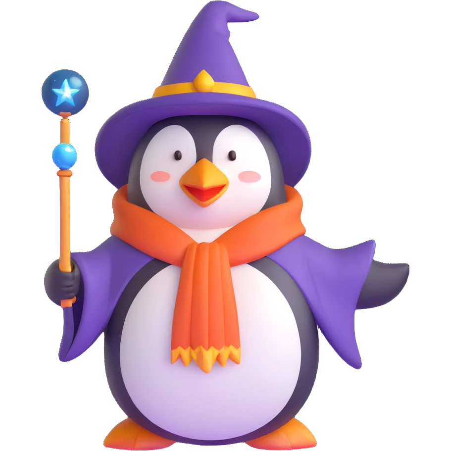 penguin wearing wizard hat and robe holding a magic wand emoji