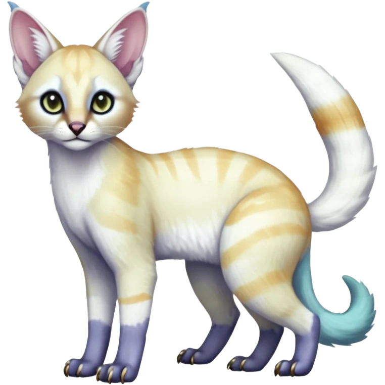 Colorful tropical pearly-albino-white iridescent glorious divine exotic cute cool beautiful shiny beautiful fantasy-caracal-civet-genet-sergal-vernid-Cacomistle-oncilla-animal-Fakémon-hybrid-fursona with tufted ears (full body) emoji