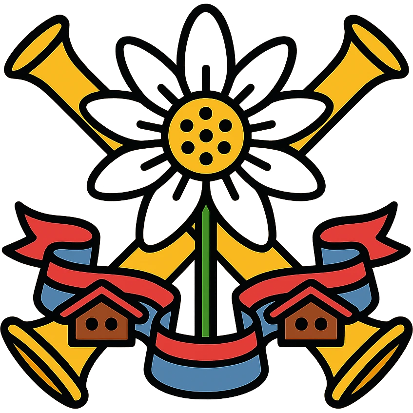 two crossed alpine horns behind an edelweiss, with folkloric ribbons and small chalet motifs, colorful icon style, kitsch and mountainous atmosphere emoji