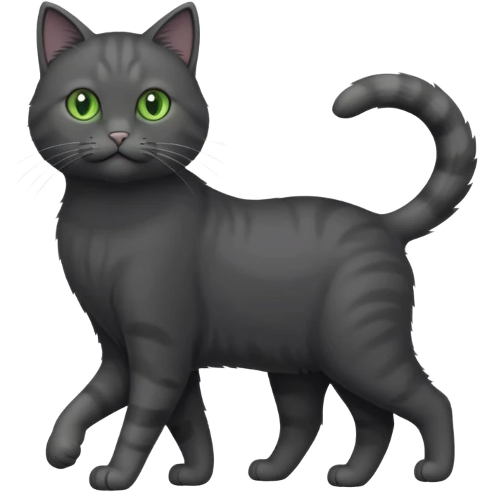 full body solid dark grey cat with green eyes, white paws and white whiskers walking emoji
