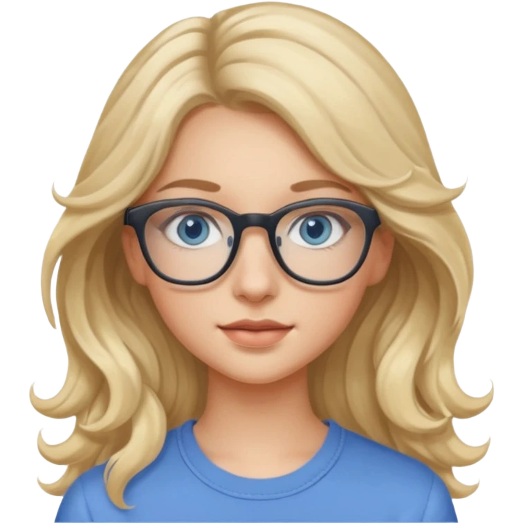 Fille 20ans qui a des cheveux long et blond et wavy avec des lunettes et des yeux bleu- gris avec du mascara sur les yeux emoji