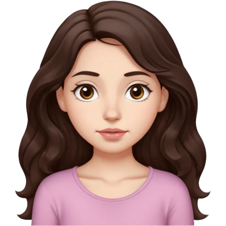 Aesthetic white girl with really long wavy/curly hair color dark brown, hair must be in front of the shoulders (hair in front of the shoulders). Big almond shape tired eyes color brown with dark circles, wide nose, natural lips, sweet expression. Dressed with a cute tight top color light pink. emoji