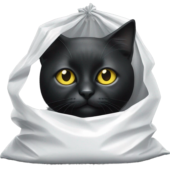 A little black and white cat in a white plastic bag. The cat is mostly black except for white on her nose and paws. The cat has yellow eyes  emoji
