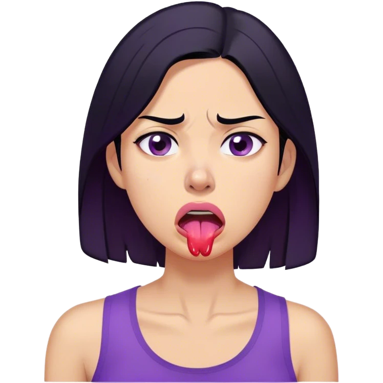 A digitally illustrated emoji-style character of a woman with shoulder-length black hair, wearing a purple shirt. Her expression shows extreme exhaustion or dehydration—her eyes are bloodshot and dry, her tongue is sticking out, and she has a single sweat drop on her cheek. The image has a clean white background emoji