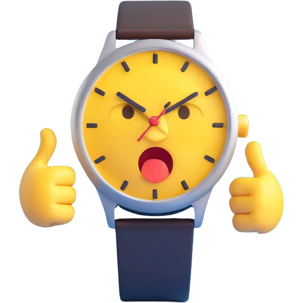 A yellow emoji face with a worried expression, looking at a wristwatch with raised eyebrows, showing urgency and stress emoji