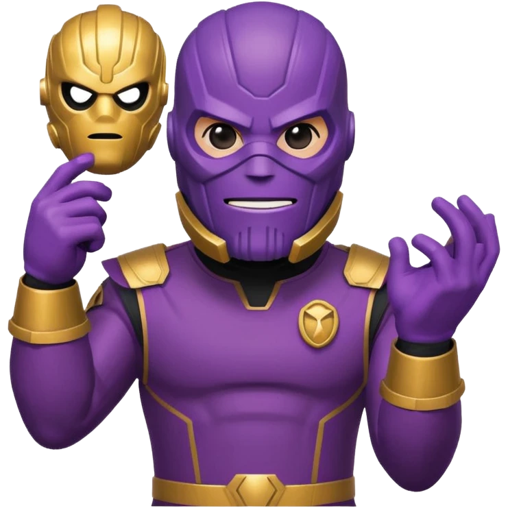 playful emoji icon of Thanos in Squid Game guard uniform, red jumpsuit, black mask with triangle, purple skin, strong jaw, Infinity Gauntlet, minimalistic, bold lines, bright, cute emoji