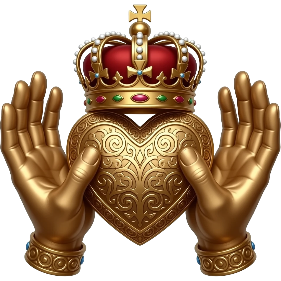 two bronze palms facing downwards, fingertips holding a bronze heart richly ornamented with arabesques and a richly decorated royal crown, dramatic lighting - backlight emoji