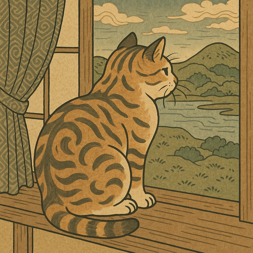 ukiyo-e style illustration of a cat sitting on a windowsill emoji