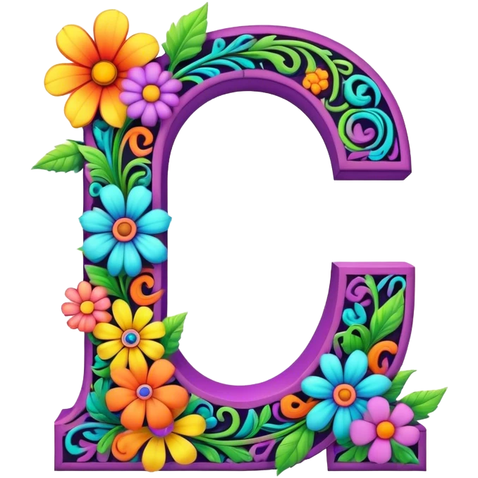 3D, gothic style psychedelic colored Letter C with hippie style flower border emoji