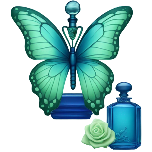 pastel green butterfly resting on an elegant blue perfume bottle with fork dark blue details. emoji