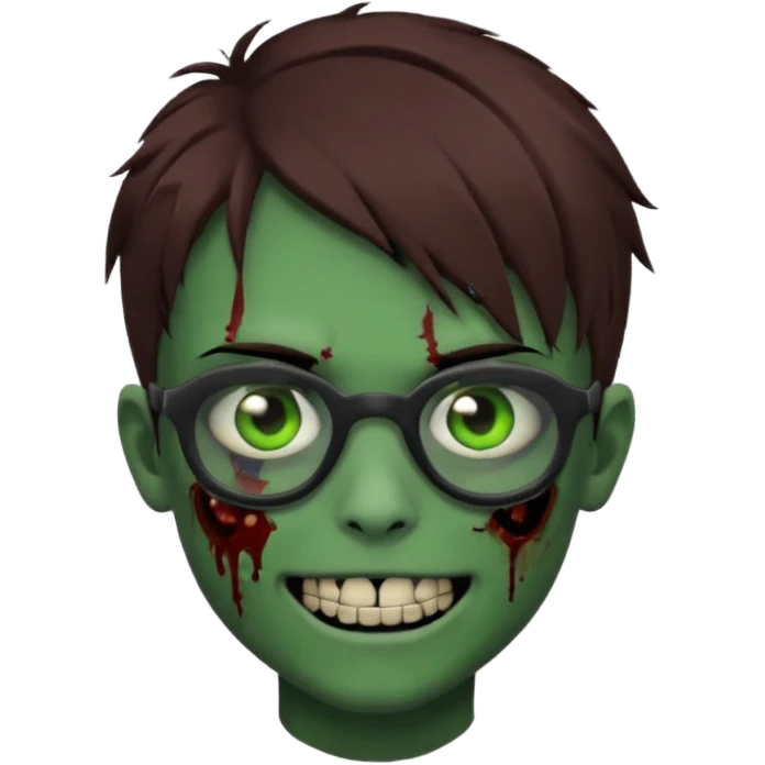 Zombie emo boy, green skin and brown hair, black glasses and a scary smile, scars and blood under eyes emoji