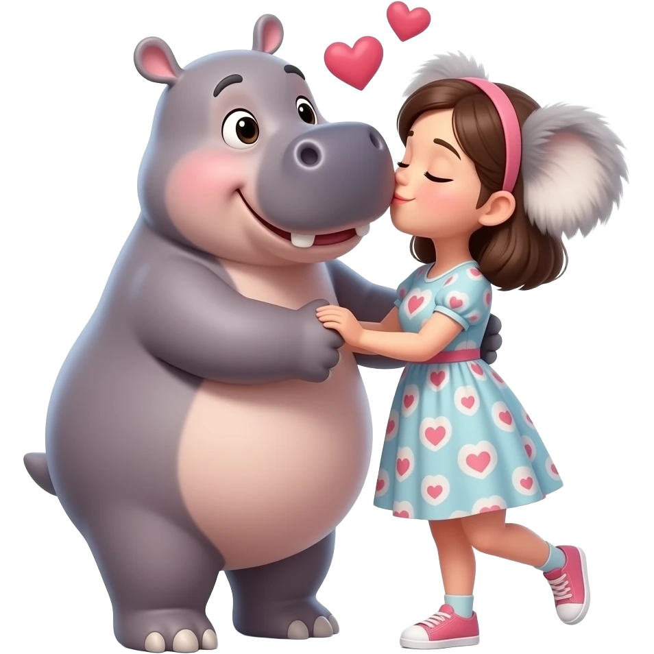 Hippo kissing girl koala face in love. Cuddling.  Hugging.  Realistic. Not cartoon.  Hearts.  Not animated. emoji