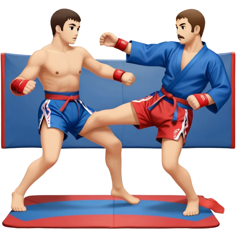An icon symbolizing Sambo, featuring two fighters in blue and red kimonos with shorts. One executes a powerful throw, while the other attempts a defensive grab. The fighters are engaged in a grapple, using joint locks and sweeps. The background features a wrestling mat, highlighting the technical aspect of the sport. Transparent background. emoji