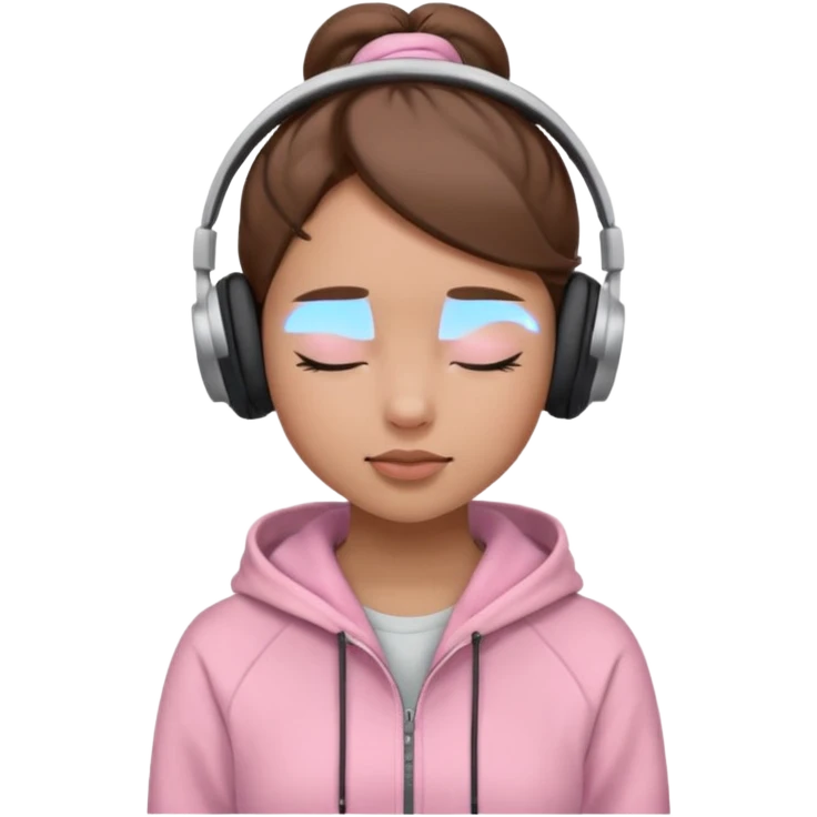 light skin girl, brown hear in a bun, eyes are closed, wearing headphones, light pink hoodie emoji