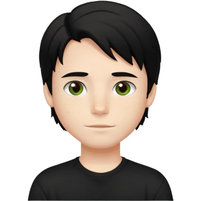 A beautiful boy with black hair and hazel green and brown eyes and white skin , with dark freckles and black t shirt with HAIRCUT: middle part hair hair with a center part haircut long  emoji