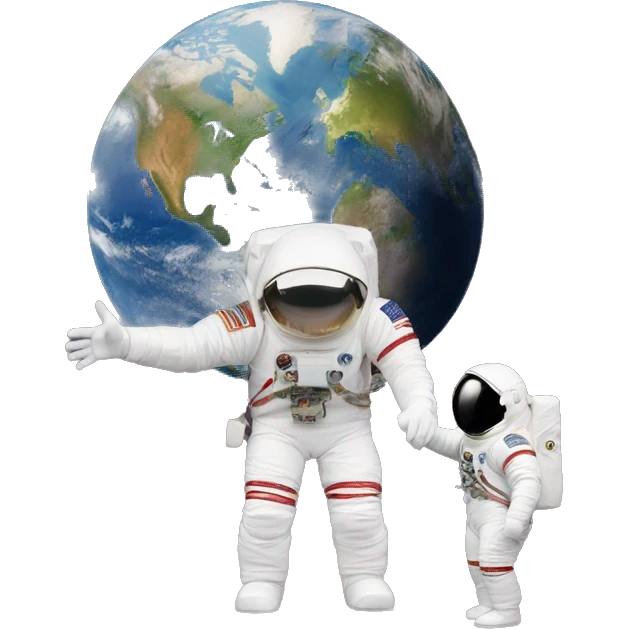 earth with astronaut looking at it and another astronaut behind him pointing at him behind his back "always has been" meme emoji