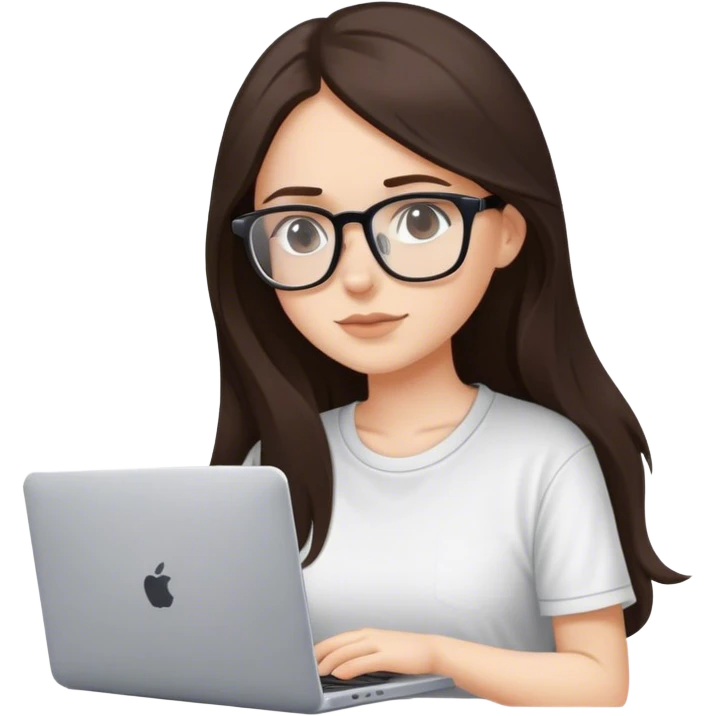 chica blanca con pelo castaño oscuro largo un poco debajo de los hombros, con camiseta bonita, con gafas de vista, y que se vea trabajando con un portatil sin logo  emoji