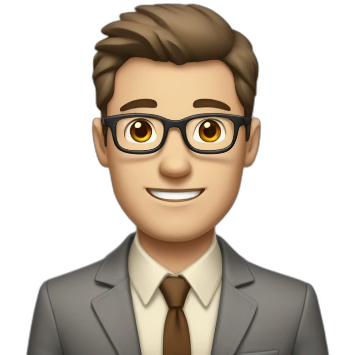 To belt Actively gesturing with hands Pale skinned fit man with dark brown hair in gray jacket, beige office shirt, brown tie, brown pants and vintage glasses. emoji