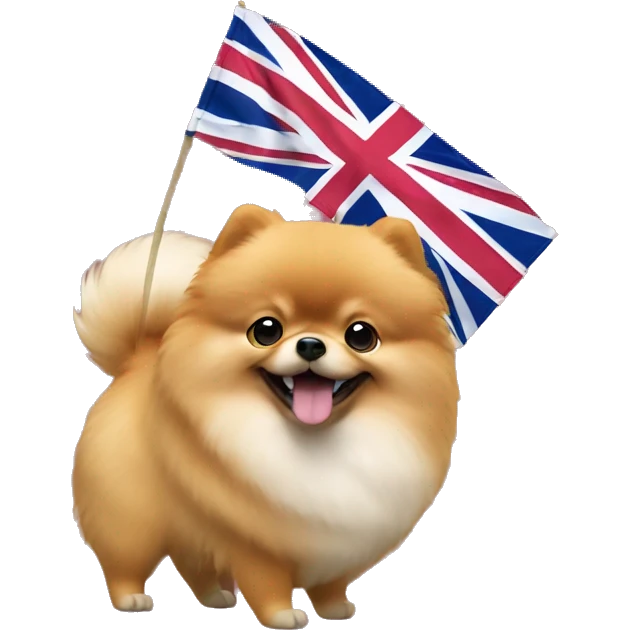 Fat Pomeranian spitz waiving small uk flag in its hand emoji