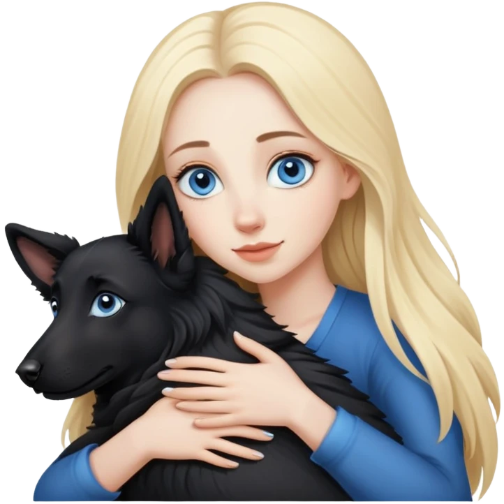 pretty woman with pale skin and with BLUE eyes and very long blonde hair  hugging a black shepherd dog emoji