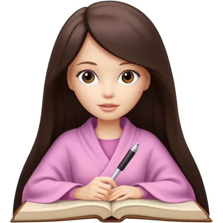 White Barbie girl with a long straight dark brown hair inside a pale beige blanket is writing a book emoji