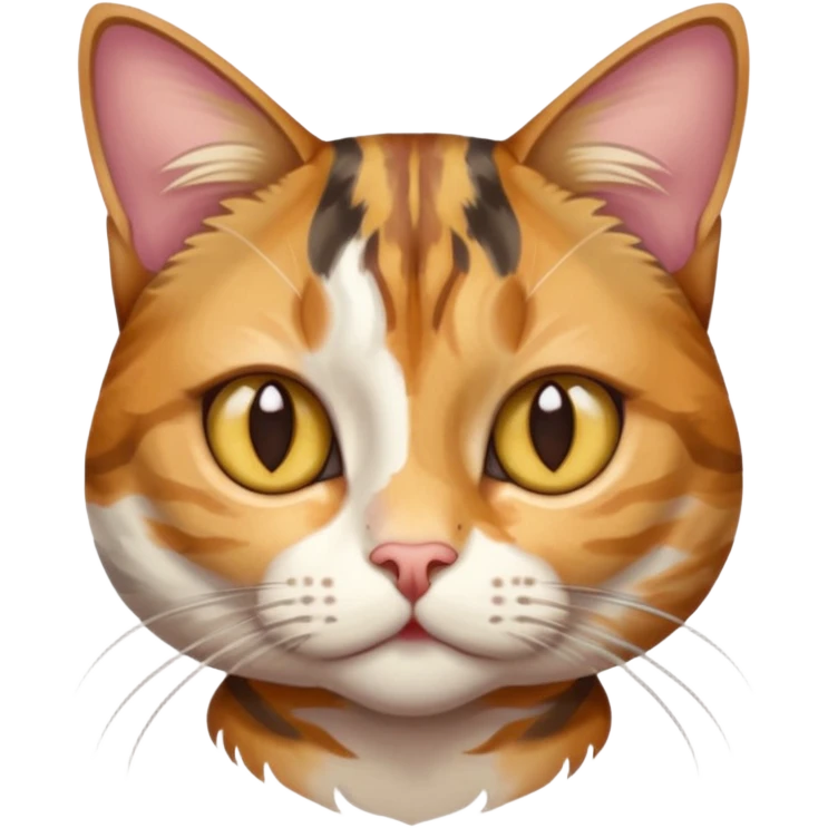 full body anxious looking colourful light calico tabby cat with hazel eyes  and half of face in brown tabby emoji