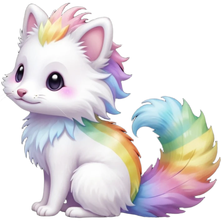 Realistic cute adorable pastel-iridescence-gradients albino fur with random colorful iridescent rainbow markings beautiful elegant pretty precious cute  Fakémon-Pokémon-opossum-feline-serval-caracal-chinchilla-Minccino-hybrid-creature with a big fluffy bushy striped tail (full body) emoji